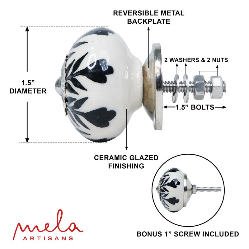 Mela Artisans 12-Pack Ceramic Kitchen Cabinet Knobs - Grey & White Leaf | Decorative Pull Handles for Dresser Drawers | Reversible Metal Backplate | 1.77â€ Diameter - Image 2